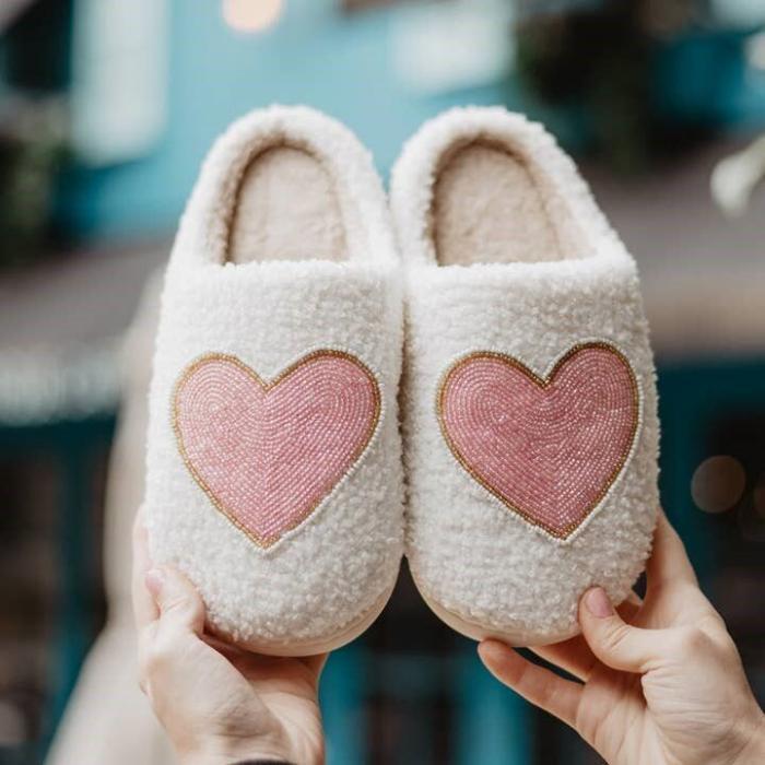 Beaded Pink and Gold Heart Slippers, BagMyGift