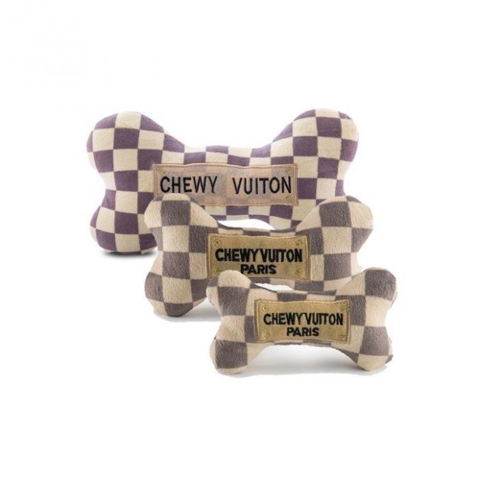 Checker Chewy Vuiton Bone Squeaker Dog Toy, BagMYGift