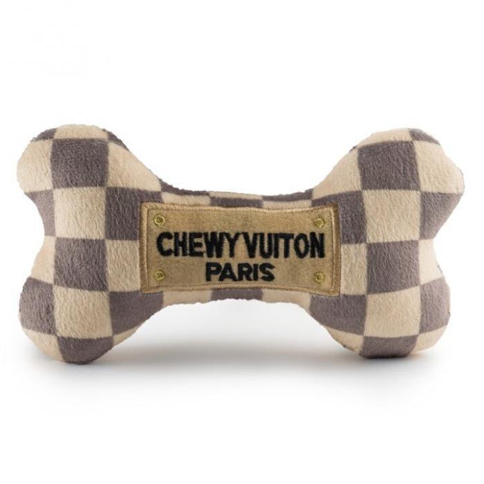 Checker Chewy Vuiton Bone Squeaker Dog Toy, BagMYGift