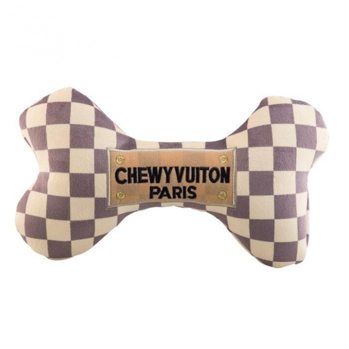 Checker Chewy Vuiton Bone Squeaker Dog Toy, BagMYGift