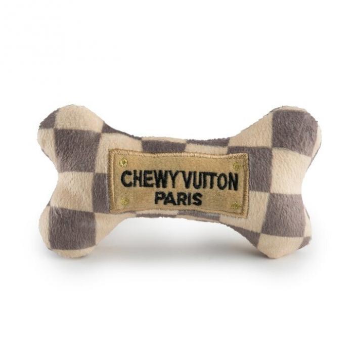 Checker Chewy Vuiton Bone Squeaker Dog Toy, BagMYGift