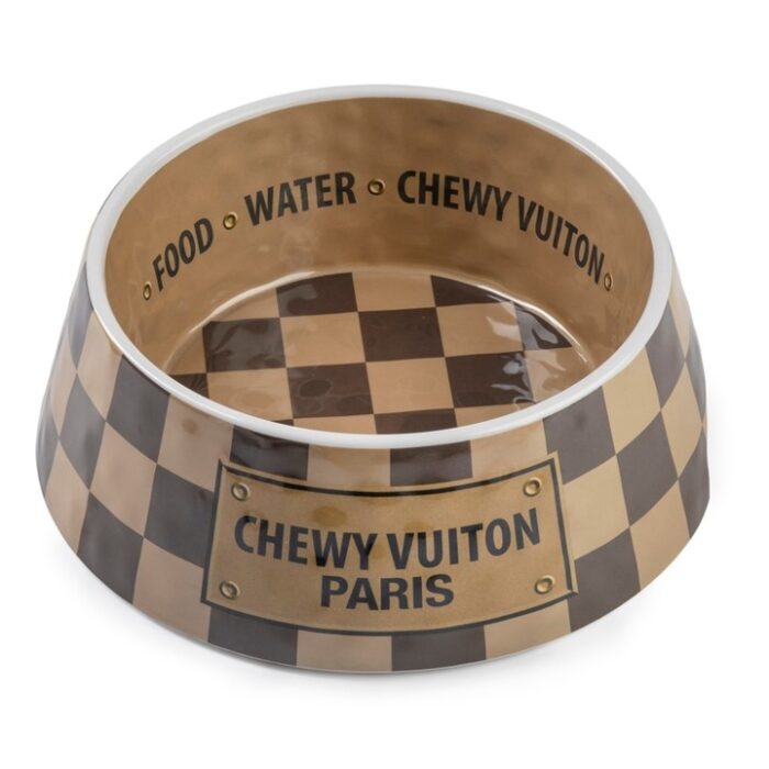 Checker Chewy Vuiton Dog Bowl – 3 Sizes, BagMYGift