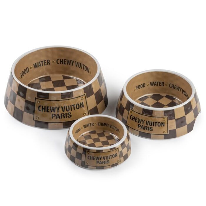 Checker Chewy Vuiton Dog Bowl – 3 Sizes, BagMYGift