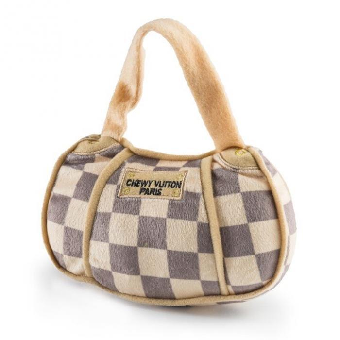 Checker Chewy Vuiton Handbag Squeaker Dog Toy, BagMYGift