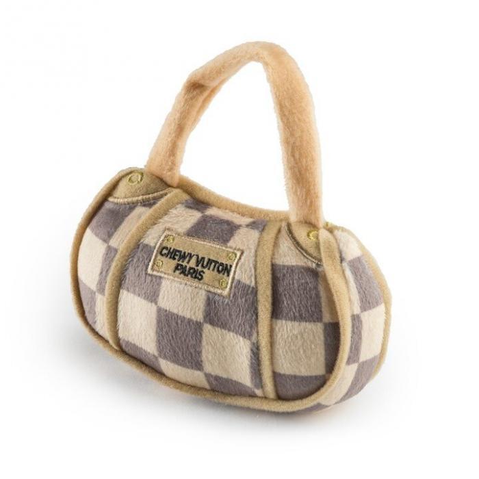 Checker Chewy Vuiton Handbag Squeaker Dog Toy, BagMYGift