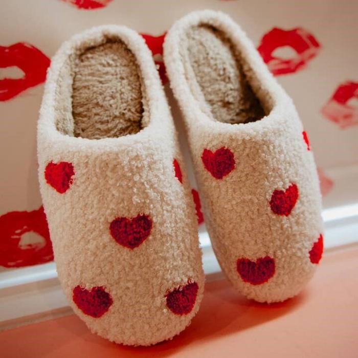 Hearts All Over Patterned Slippers - Cream, BagMyGift