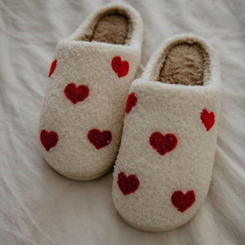 Hearts All Over Patterned Slippers - Cream, BagMyGift