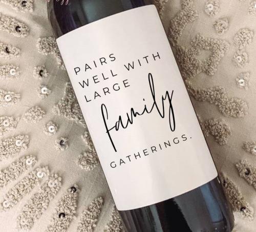 Pairs Well with Large Family Gatherings Wine Label, BagMYGift,