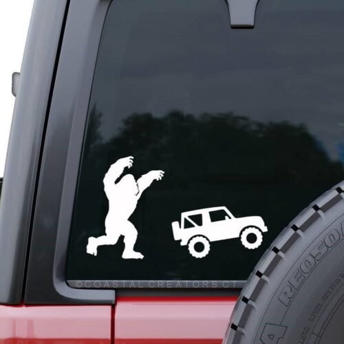 Bigfoot Chasing A Jeep Window Decal - White, BagMYGift