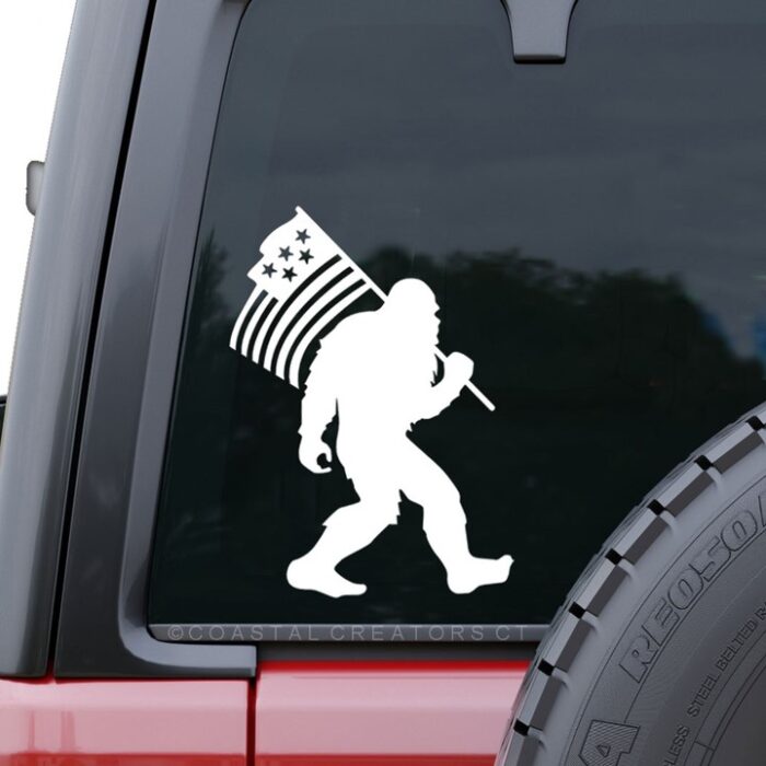 Bigfoot American Flag Vinyl Sticker - White, BagMYGift