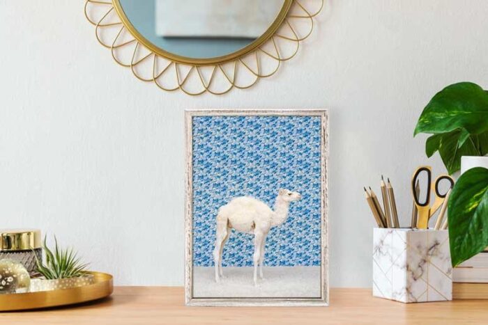 Camel on Blue Mini Framed Canvas, BagMYGift