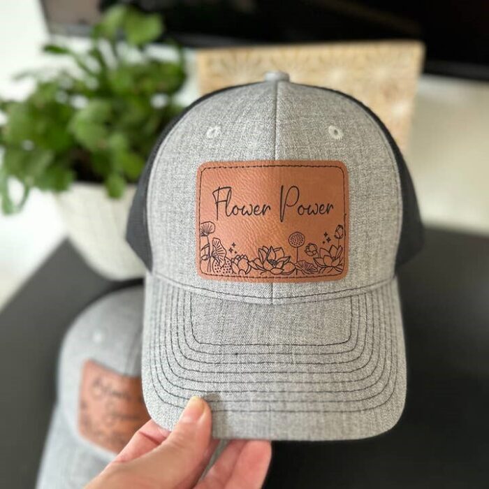 Flower Power Trucker Hat Engraved Vegan Leather Patch