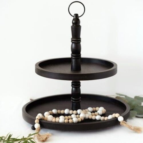 15.5x18x15.5 Two Tiered Wood Tray, Black, BagMYGift