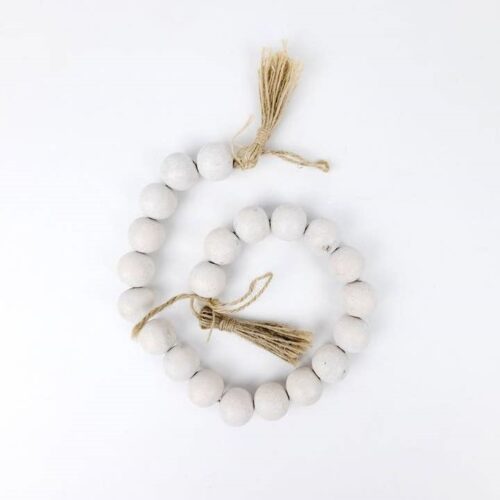 24" Wood Bead Garland W/Tassels White, BagMyGift