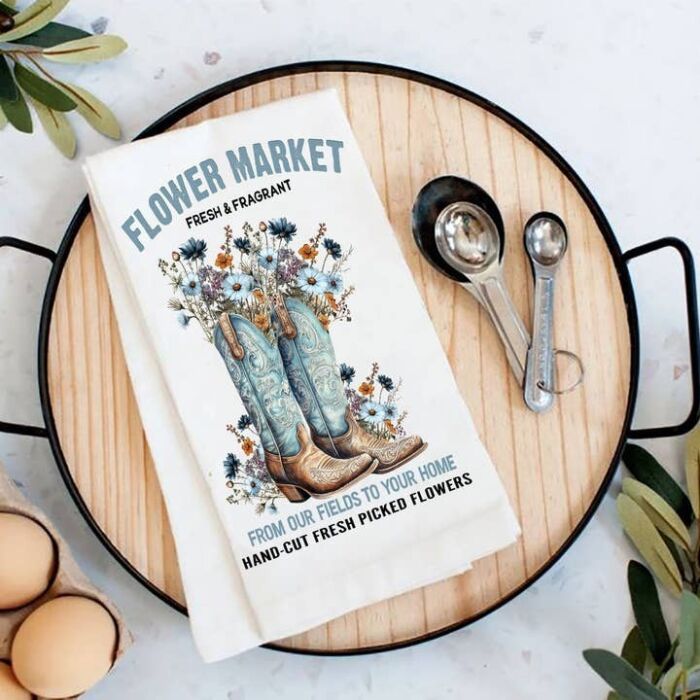 Western Cowboy Boots Flower Market Tea Towel, BagMYGift