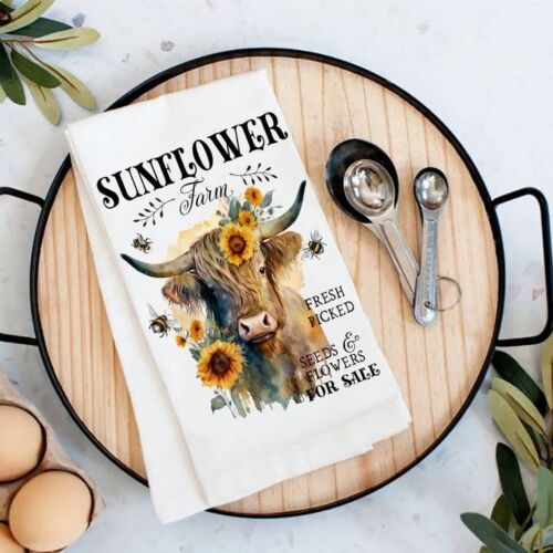 Highland Cow Sunflower Farm Flour Sack Tea Towel, BagMYGift