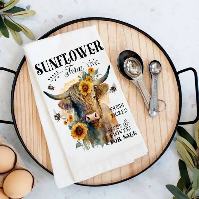 Highland Cow Sunflower Farm Flour Sack Tea Towel, BagMYGift