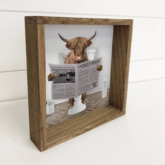 6x6 Highland Cow On Toilet Wood Frame Sign, BagMYGift