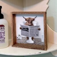 6x6 Highland Cow On Toilet Wood Frame Sign, BagMYGift