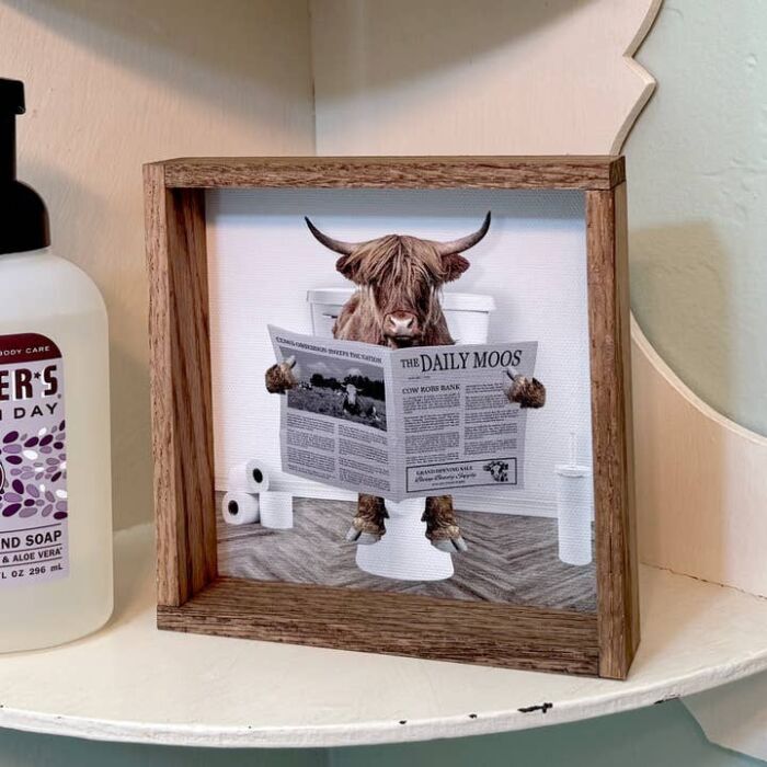 6x6 Highland Cow On Toilet Wood Frame Sign, BagMYGift