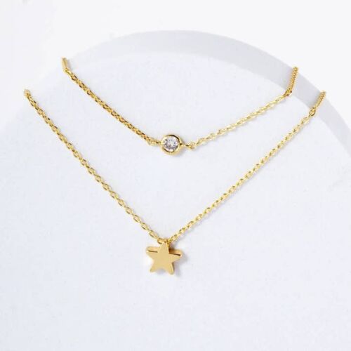 Brass Star CZ Pendant 18K-Gold-Dipped Layered Necklace