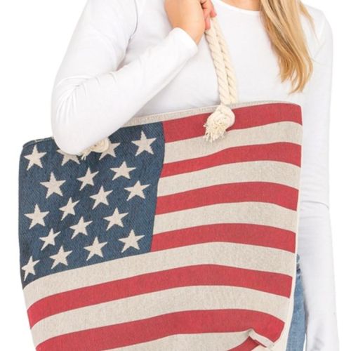 American Flag Zippered Burlap Canvas Tote Bag, BagMYGift