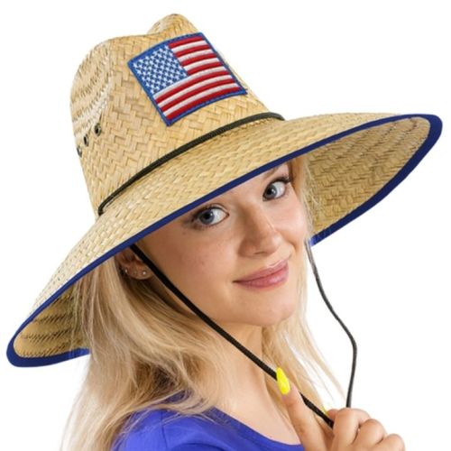 Eyeleted American Flag Straw Lifeguard Hat, BagMYGift
