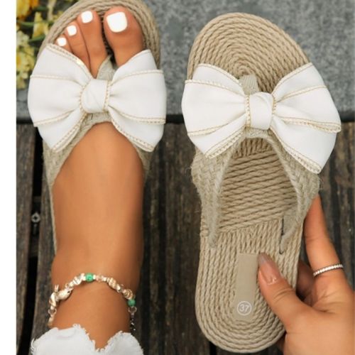 Stitched Bow Decor Straw Woven Flip Flop Slippers, BagMYGift